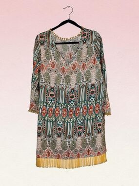Amy Byer Printed Fringe Mini Dress in Teal, Coral & Olive